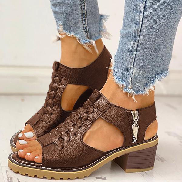 Damen-Sandalen mit Peep-Toe-Ausschnitt und Reißverschluss und klobigem Absatz-DE
