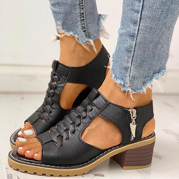 Damen-Sandalen mit Peep-Toe-Ausschnitt und Reißverschluss und klobigem Absatz-DE