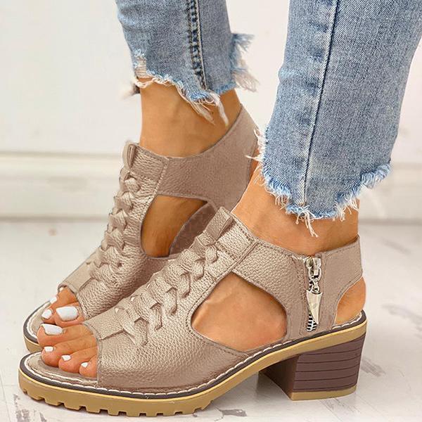 Damen-Sandalen mit Peep-Toe-Ausschnitt und Reißverschluss und klobigem Absatz-DE