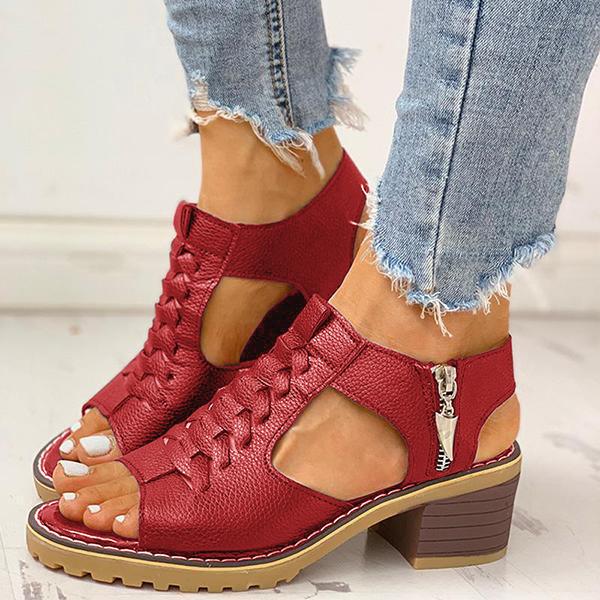 Damen-Sandalen mit Peep-Toe-Ausschnitt und Reißverschluss und klobigem Absatz-DE